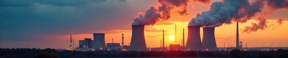 A massive coal-fired power plant emitting plumes of smoke against a dramatic sky The image showcases industrial energy production and environmental concerns , industrial scene, burning coal