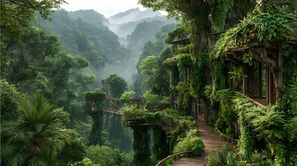 Obraz premium Rainforest sky city of glass bridges and wood towers in dense canopy