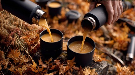 Overhead autumn picnic scene with thermos flasks pouring soup into black cups, dried leaves scattered around, muted amber props,