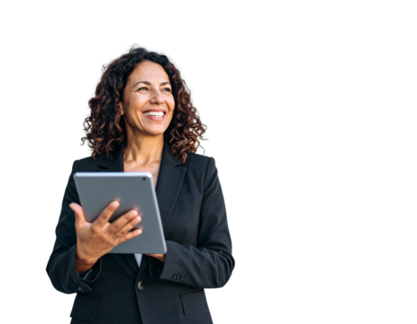 Business portrait isolated on white transparent background- A smiling businesswoman w 