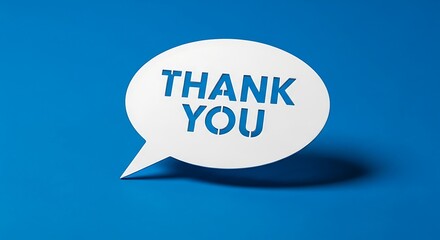 White speech bubble with thank you text on blue background