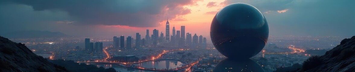 Fototapeta premium A perfectly smooth, dark sphere absorbs all sound, creating an island of absolute silence in a bustling cityscape The contrast between the sphere and its environment is striking , silence, enigma