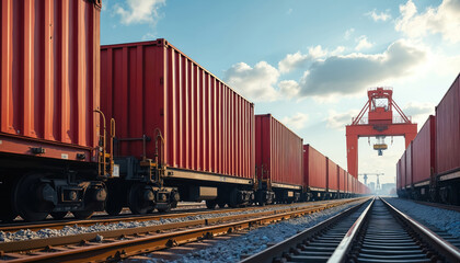 Fototapeta premium Red shipping containers on freight train at railyard with large crane in background. Seamless integration of shipping, rail transport systems. Efficient logistics, cargo movement for global supply