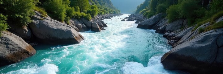 Untamed River Whitewater Rapids Surge Through Rocky Canyon, Dramatic Green Adventure Travel Photography