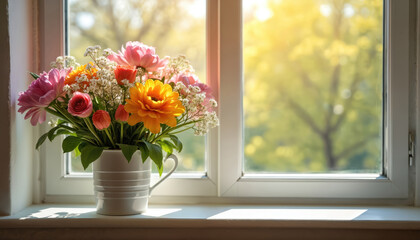 Colorful flower bouquets arranged in white vase on windowsill. Bright sunlight streams through window on spring day, illuminating green leaves, pink, orange, yellow blossoms. Blurred background shows