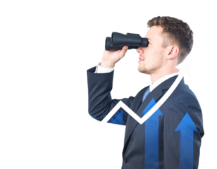 Businessman hold binoculars looking forward and arrow three growth up