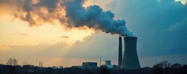 A power plant smokestack billowing dark smoke against a cloudy sky, illustrating the environmental impact of coal-fired electricity generation ,  environmental protection,  industrial scene