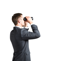 Businessman hold binoculars looking forward and arrow three growth up