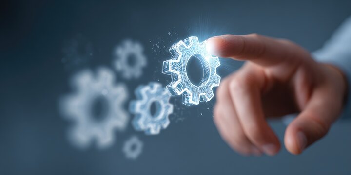 Businessman touching virtual gears representing automation and innovation.