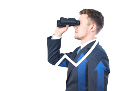 Businessman hold binoculars looking forward and arrow three growth up
