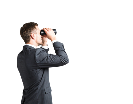 Businessman hold binoculars looking forward and arrow three growth up
