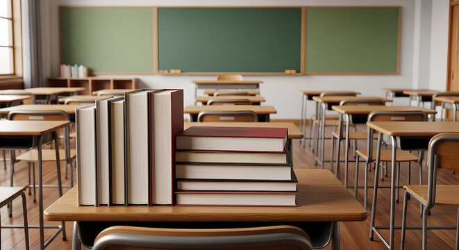 Classroom books stack ready for students back to school learning time
