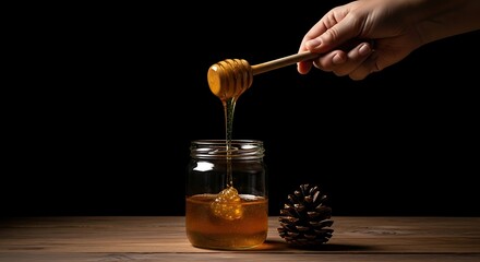 Hand pouring honey from a wooden dipper into a glass jar