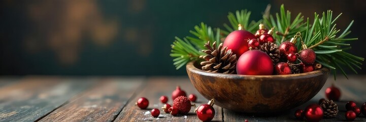 A rustic wooden bowl overflowing with festive Christmas ornaments, pine cones, and berries Perfect for holiday decorations, winter themes, and cozy seasonal imagery , berries, texture