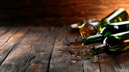 Capturing a rustic scene, several wine bottles spill onto the aged wooden surface, evoking an atmosphere of casual gatherings and the enjoyment of fine beverages.