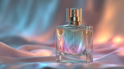 Pink perfume on a pink satin background. Perfume advertising.