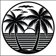 Coconut palm tree silhouettes against a tropical sunset beach landscape