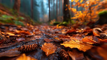 Obraz premium An enchanting forest pathway adorned with vibrant autumn leaves creates a beautiful canvas of nature, symbolizing change, transition, and the whispers of the fall season.