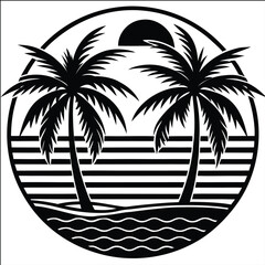 Palm tree island with hammock and glowing sun, paradise summer T-shirt art