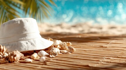 A stylish summer hat rests alongside seashells on a sandy beach, perfectly capturing the essence of a relaxing beach getaway, inviting viewers to imagine the warmth of the sun.