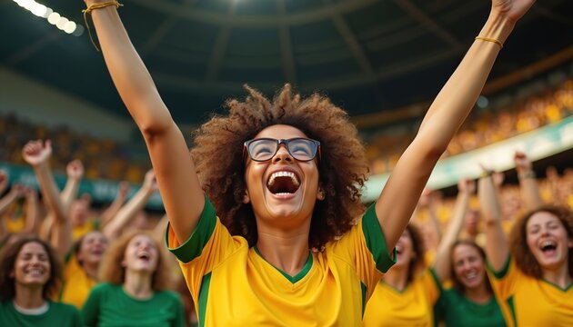 Football fans in yellow, green jerseys cheer wildly at soccer match, raising arms in celebration. Woman with glasses, curly hair laughs joyfully in foreground. Crowd enjoys tournament excitement,