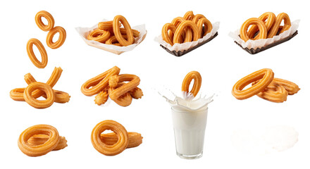 Delicious golden brown churros served in various artistic arrangements with a glass of milk splashing isolated on transparent background