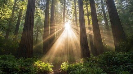 Obraz premium Sunbeams Illuminate Redwood Forest Path