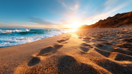 Footprints are imprinted on a tranquil beach as the sun sets, symbolizing the journey of life, ephemerality, and the beauty of nature&rsquo;s rhythm and peace at day&rsquo;s end.