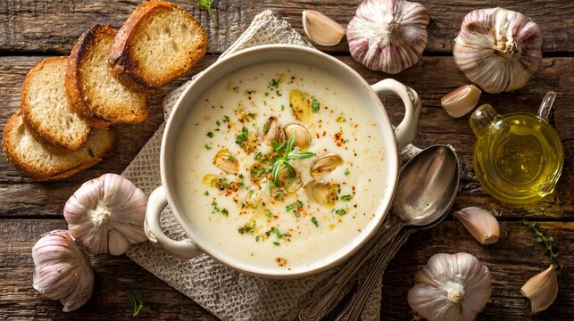 Roasted garlic soup in cream bowl, surrounded by cloves, bread, and olive oil, overhead layout