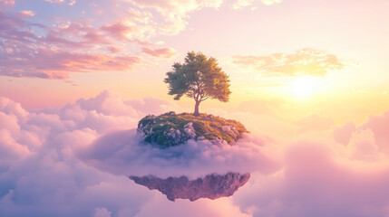 Whimsical Floating Island with a Lone Tree at Sunrise
