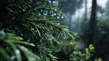 Obraz premium Evocative forest scene featuring raindrops clinging to pine needles branch