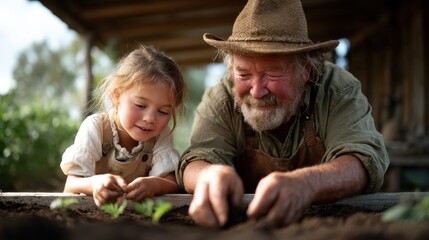 An elderly man and a young girl delightfully plant seeds in soil together, showcasing the bond between generations and the joys of nurturing nature.