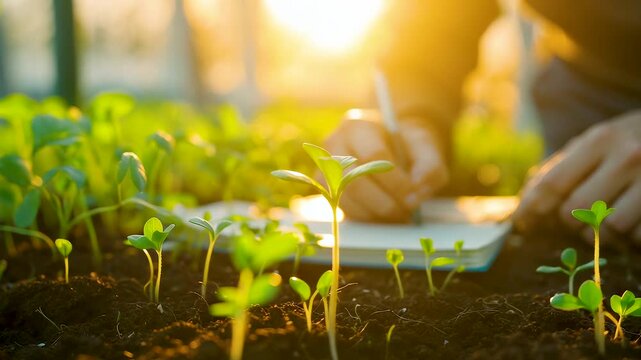 Person writing notes outdoors in garden bed surrounded by young seedlings growing under warm natural sunlight rays