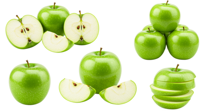 A vibrant collection of fresh green apples showcasing whole fruits halved apples and sliced apple pieces isolated on transparent background
