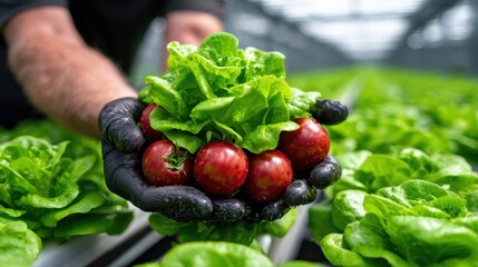 A hand in black gloves holds a bunch of shiny red tomatoes surrounded by vibrant green lettuce. The bright greenhouse setting emphasizes freshness and sustainability.