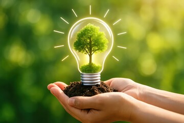 Hands holding soil with light bulb and growing tree inside symbolizing renewable energy, eco-friendly innovation, and sustainable future.