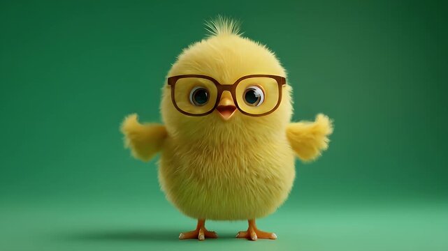 Fluffy yellow chick with glasses on green background. Suitable for childrens book illustrations or educational materials featuring cute animals.