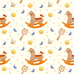 Newborn Accessory Collection. Child items set seamless pattern with Montessori rocking horse, spinning top, rattle, moon and sun, realistic pastel baby toys.