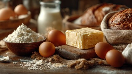 Fototapeta premium Rustic baking ingredients arrangement featuring flour eggs butter and bread loaf