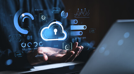 Data security and cloud storage technology concept with digital interface graphics.