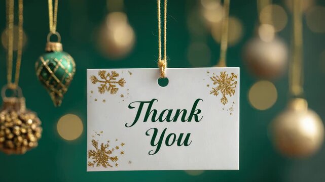 hanging paper tag with words thank you on christmas background animation