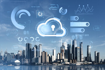 Cloud data security and analytics overlay on Manhattan skyline background.