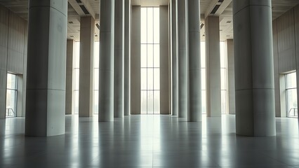 Vast architectural space with smooth concrete columns and diffused natural light, symmetrical and minimalist.