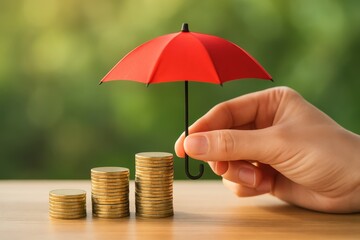 Stacks of coins under red umbrella symbolizing savings, financial security, insurance, and money protection.