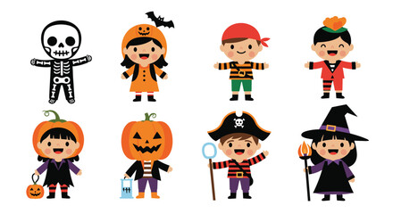 Adorable kids dressed up in Halloween costumes for trick or treating fun and seasonal celebration