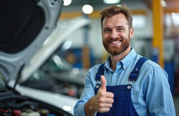 Happy mechanic with tattoos gives thumbs up near car with open hood. Confident repairman in blue uniform works in auto repair shop. Transportation service, vehicle maintenance. Pro engineer smiles.