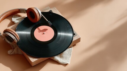 An artistic arrangement featuring a vintage vinyl record and headphones, capturing the essence of music, nostalgia, and a love for analog sounds in a creative display.