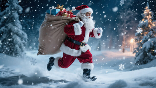Santa claus delivering gifts in snowy winter wonderland - Powered by Adobe
