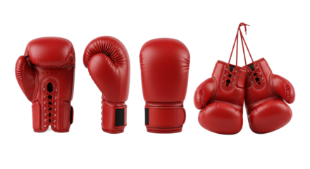 Four red boxing gloves displayed in a row on a black background one pair hanging isolated on transparent background