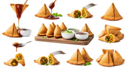 A delicious assortment of freshly prepared indian samosas and a refreshing beverage presented beautifully on a black background isolated on transparent background